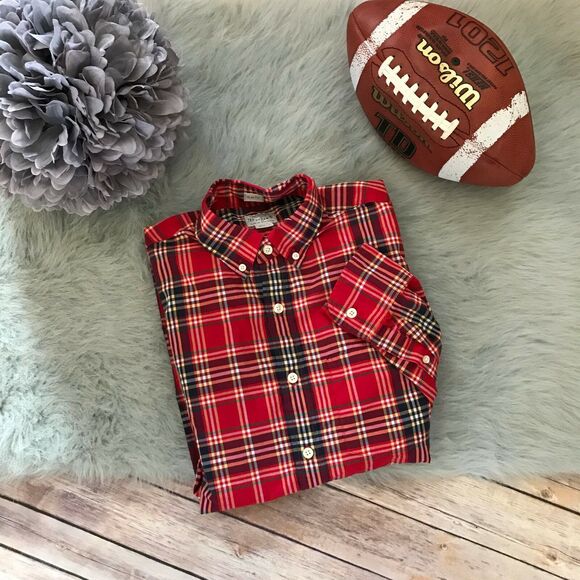 J. Crew Factory Mens Shirt S Red Navy Plaid Slim Green Yellow‎ Preppy Fit Button - Picture 6 of 6